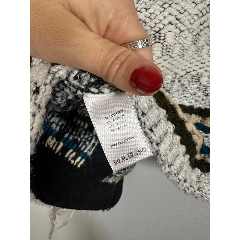 LEO AND SAGE Textured Geometric Knit Moto Cardigan Jacket Ivory‎ Black Teal Sz M